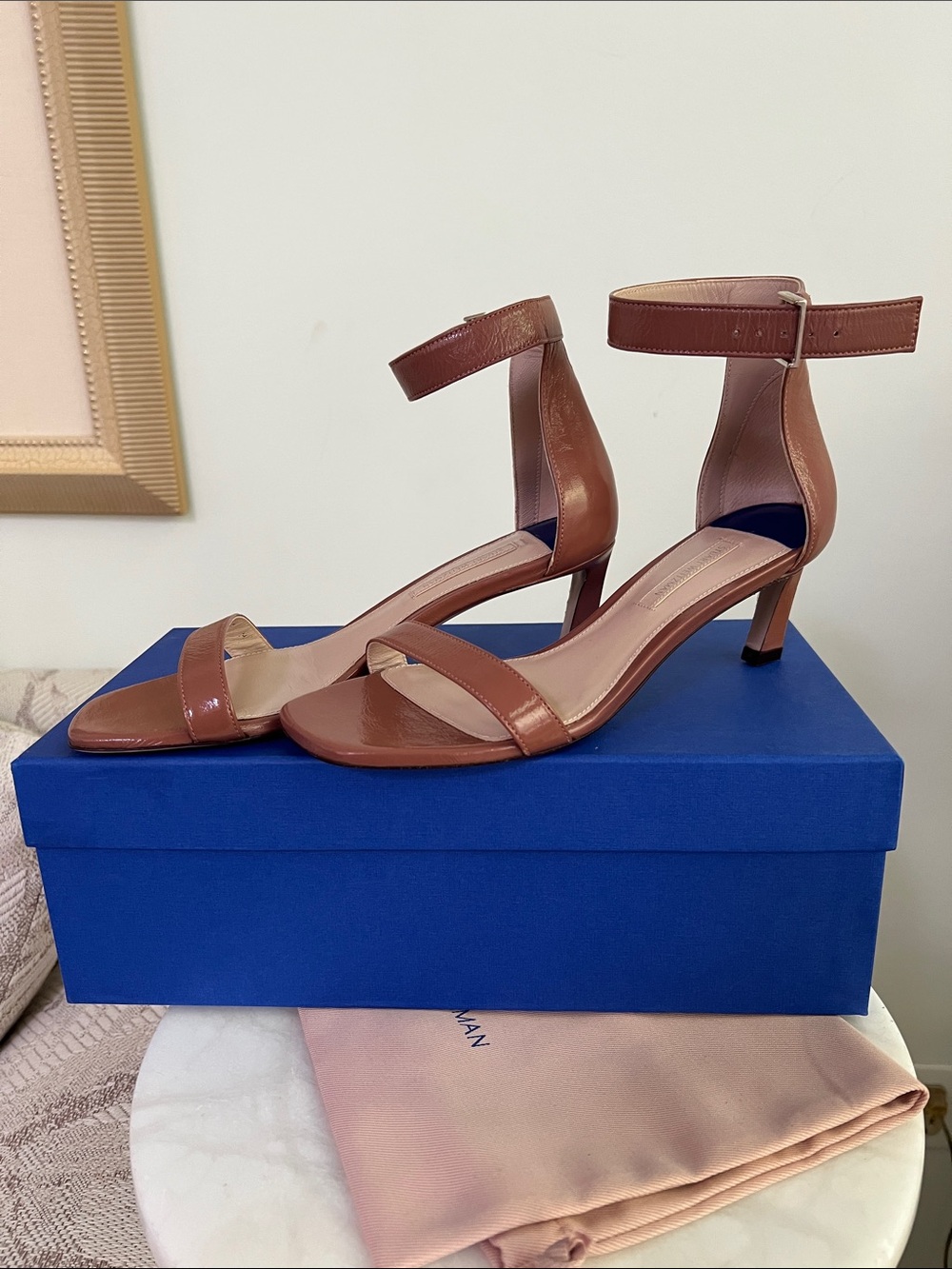 Stuart Weitzman Cognac Leather Ankle-Strap Heels